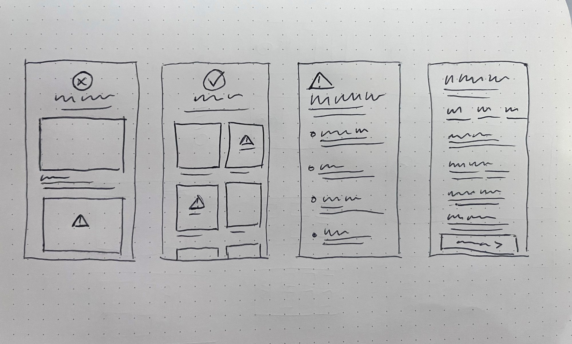 Early pen-and-paper sketches of four layout ideas